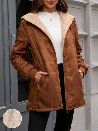 Comfortable Sherpa Lined Quilted Jacket for Women with Hooded Long Sleeve Zip Front Relaxed Style