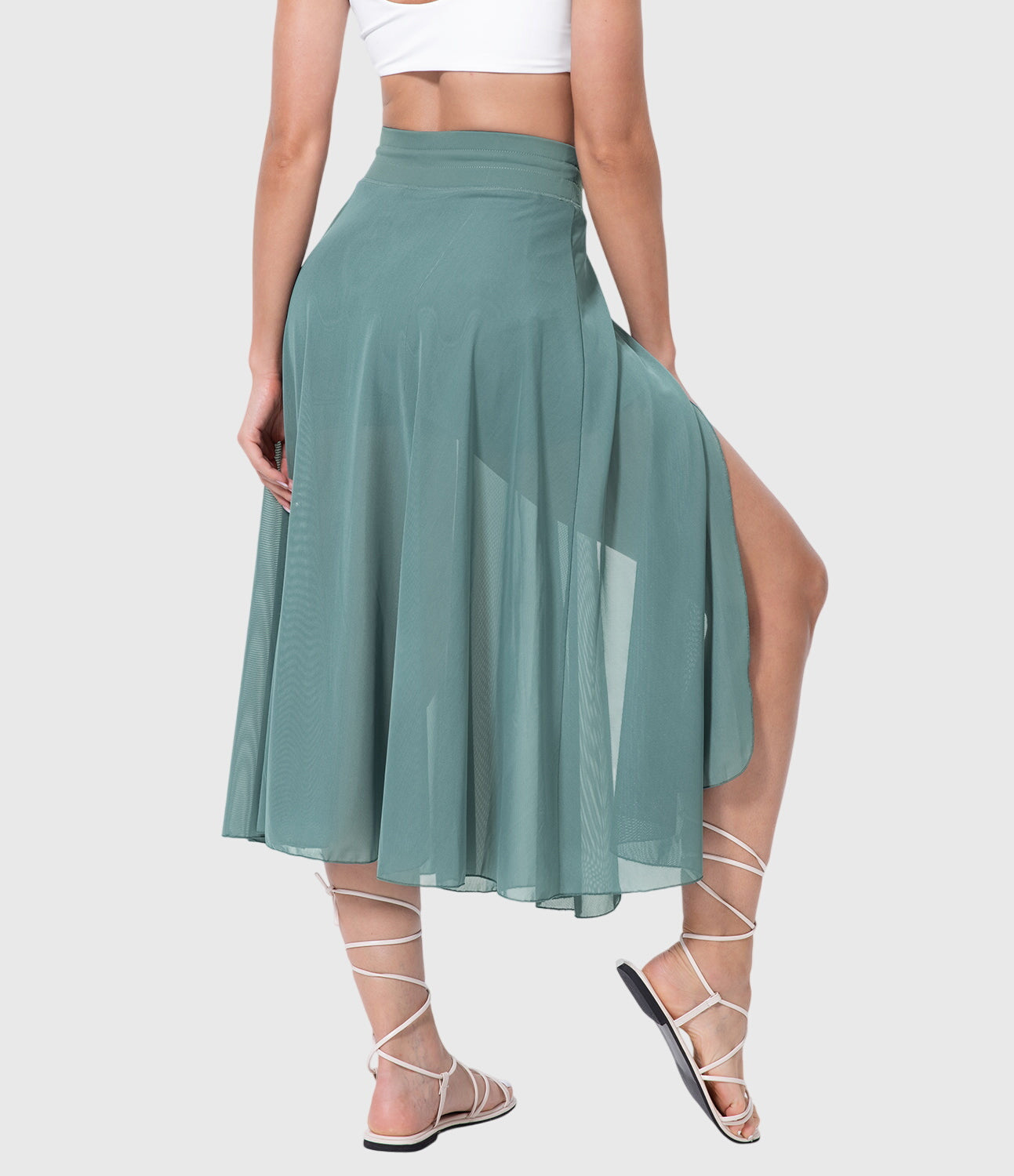 Effortless Sage Green Mesh Skirt for Women with High Waist Drawstring A Line Flowy Style