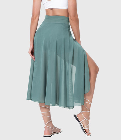 Effortless Sage Green Mesh Skirt for Women with High Waist Drawstring A Line Flowy Style