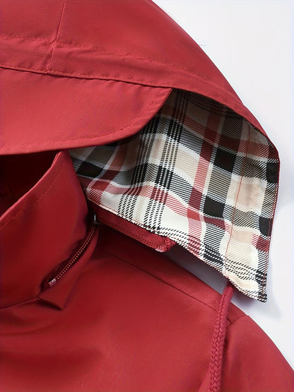 Stylish Red Hooded Rainwear Jacket for Women with Plaid Lining Drawstring Waist Zip Front Outdoor Style