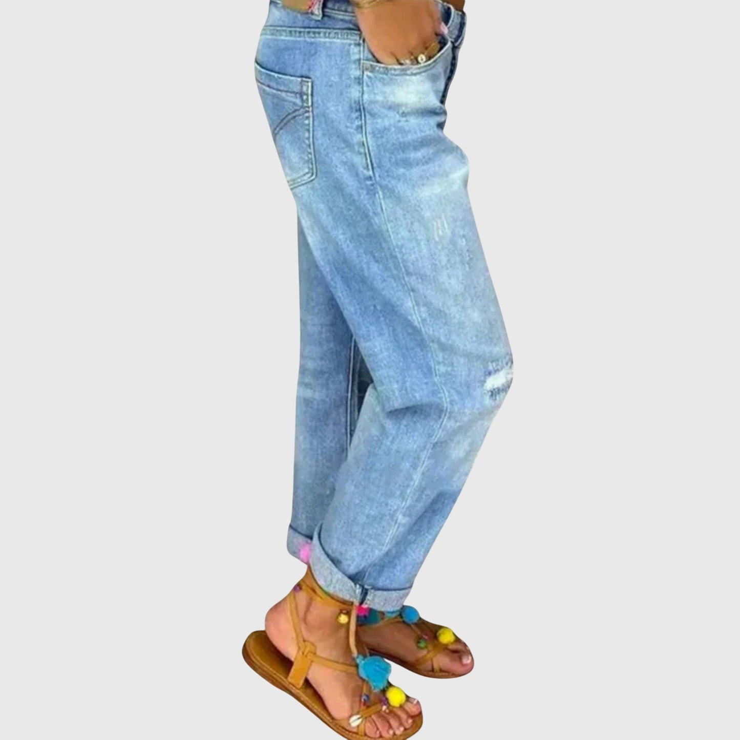 Effortless Blue Distressed Mom Jeans for Women with High Waist Button Fly Cuffed Relaxed Style