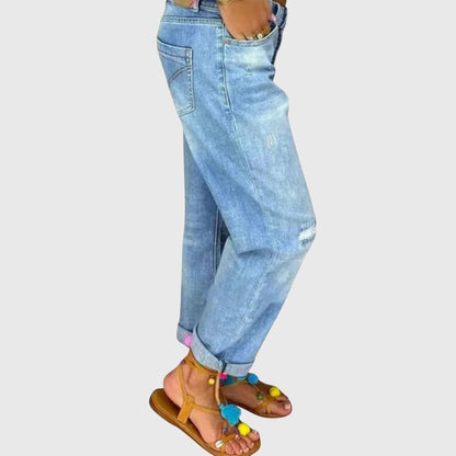 Effortless Blue Distressed Mom Jeans for Women with High Waist Button Fly Cuffed Relaxed Style