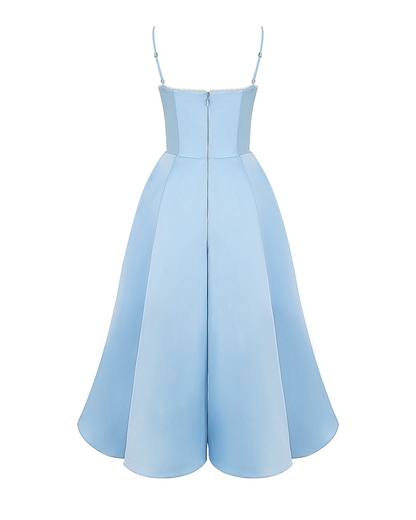 Elegant Bustier Midi Dress for Women with Sweetheart Neckline Spaghetti Strap Tulle Hem Flowing Style