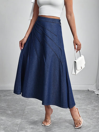 Elegant Deep Blue Denim Maxi Skirt for Women with Pleated A Line Flowing Style