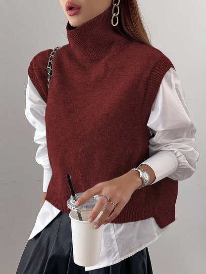 Cozy Sleeveless Turtleneck Vest for Women with High Neck Ribbed Knit Side Slit Style