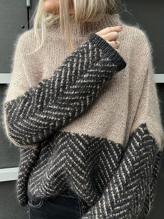 Comfortable Fall Oversized Sweater for Women with Mock Neck Long Sleeve Colorblock Chevron Knit Style