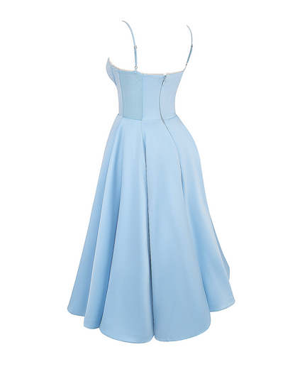 Elegant Bustier Midi Dress for Women with Sweetheart Neckline Spaghetti Strap Tulle Hem Flowing Style