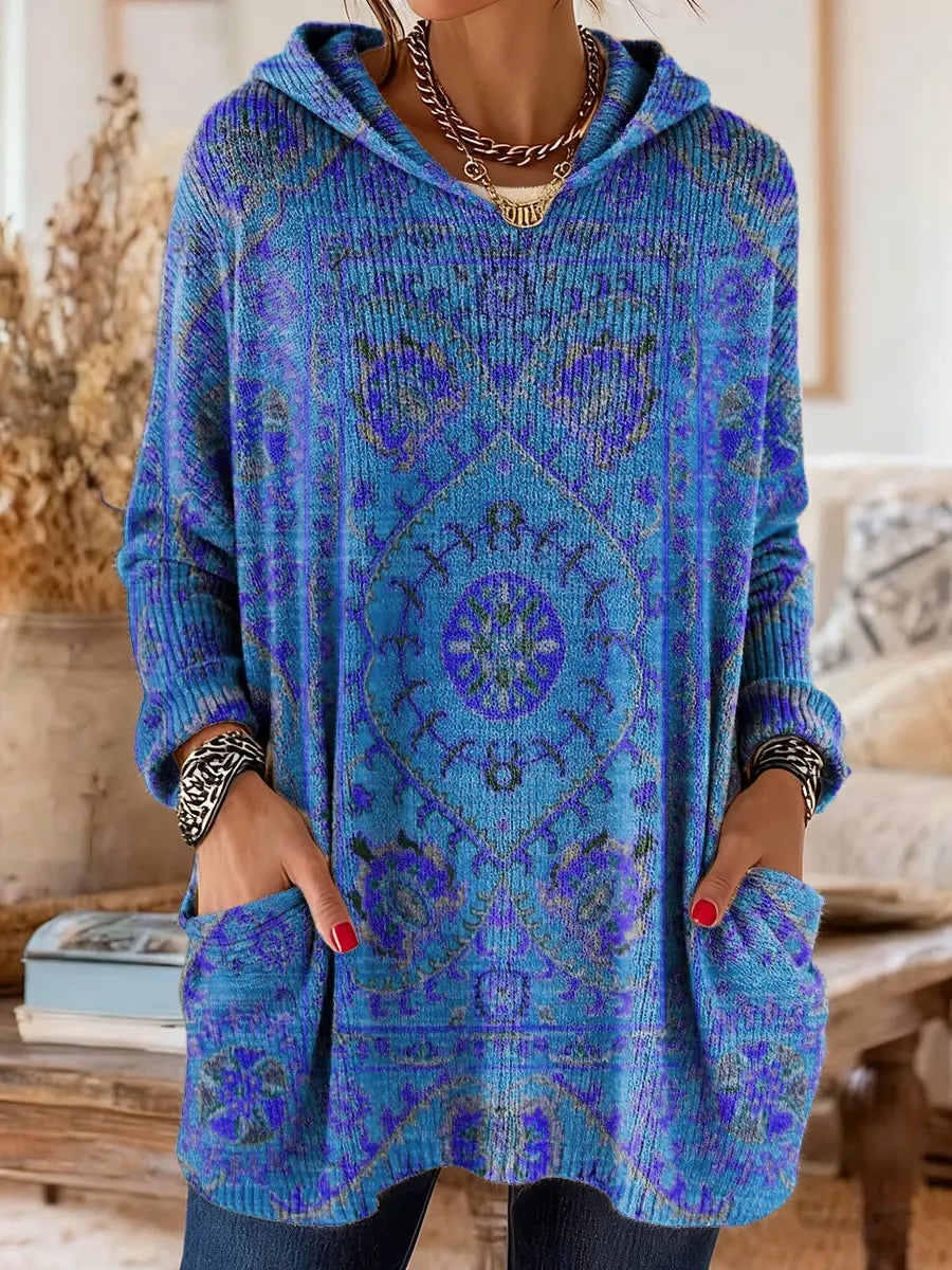 Comfortable Boho Print Tunic Sweater for Women with Hooded Long Sleeve Oversized Pocket Bohemian Style