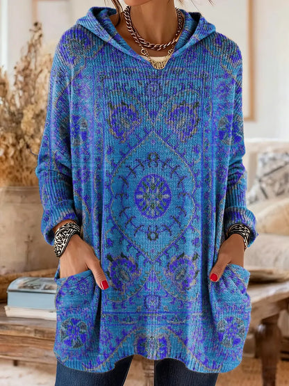 Comfortable Boho Print Tunic Sweater for Women with Hooded Long Sleeve Oversized Pocket Bohemian Style