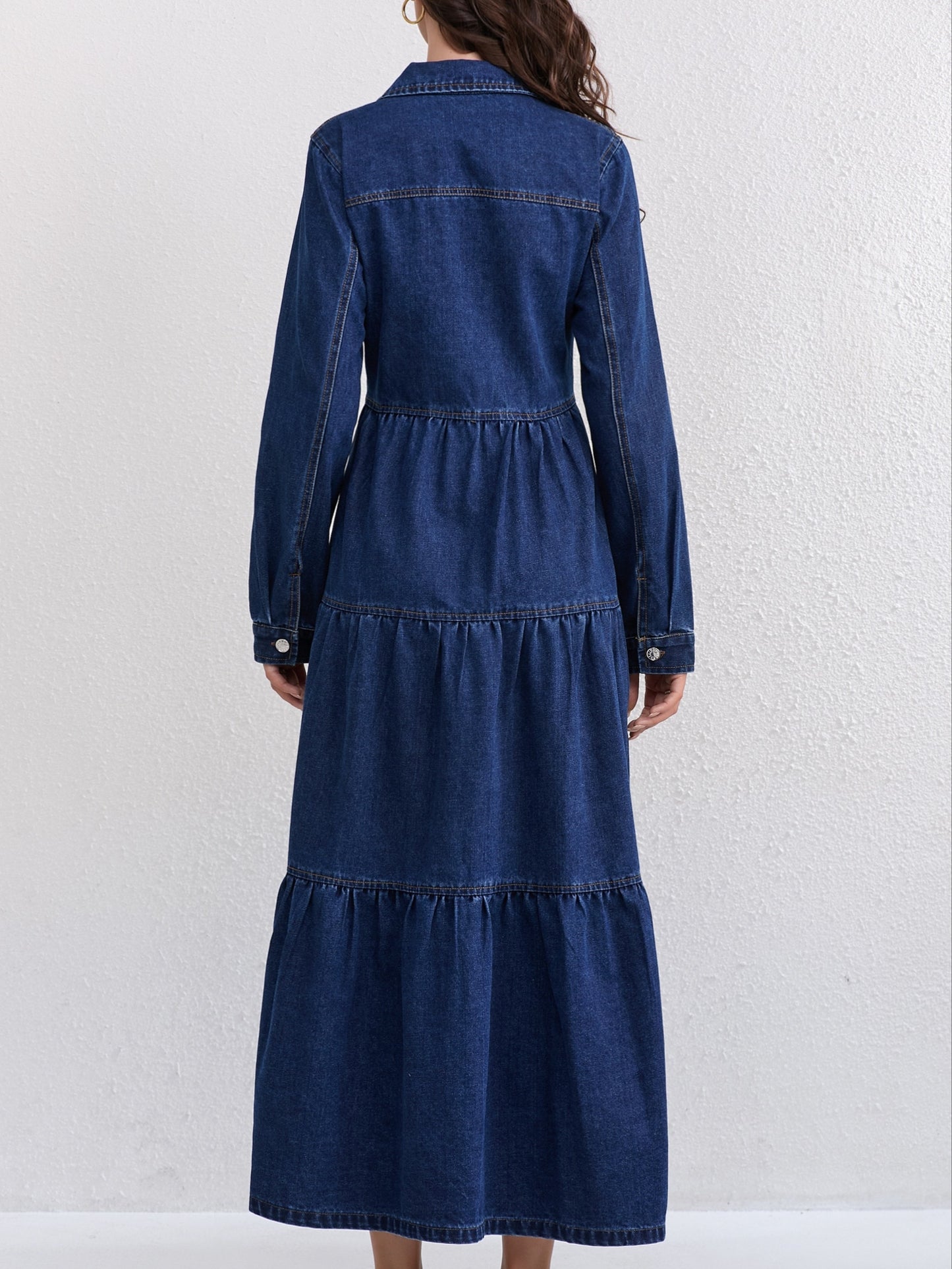 Effortless Blue Denim Dress for Women with Collar Long Sleeve Button Front Tiered Maxi Style