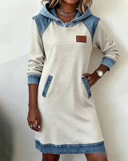 Effortless Colorblock Denim Dress for Women with Hooded Long Sleeve Raglan Pocket Casual Style