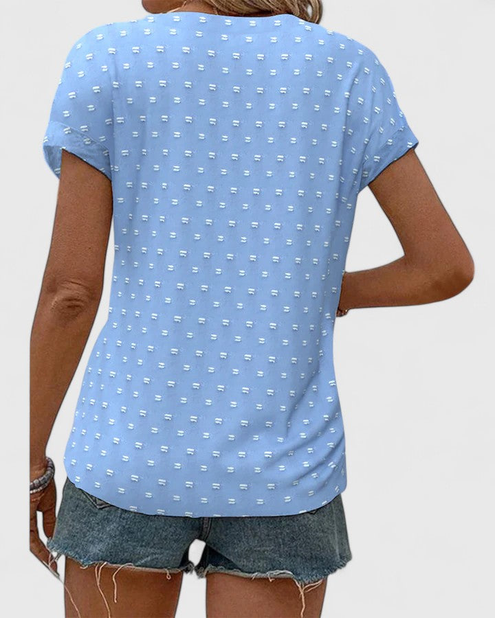 Effortless Beige Dot Print Shirt for Women with V Neck Short Sleeve Button Front Relaxed Casual Style
