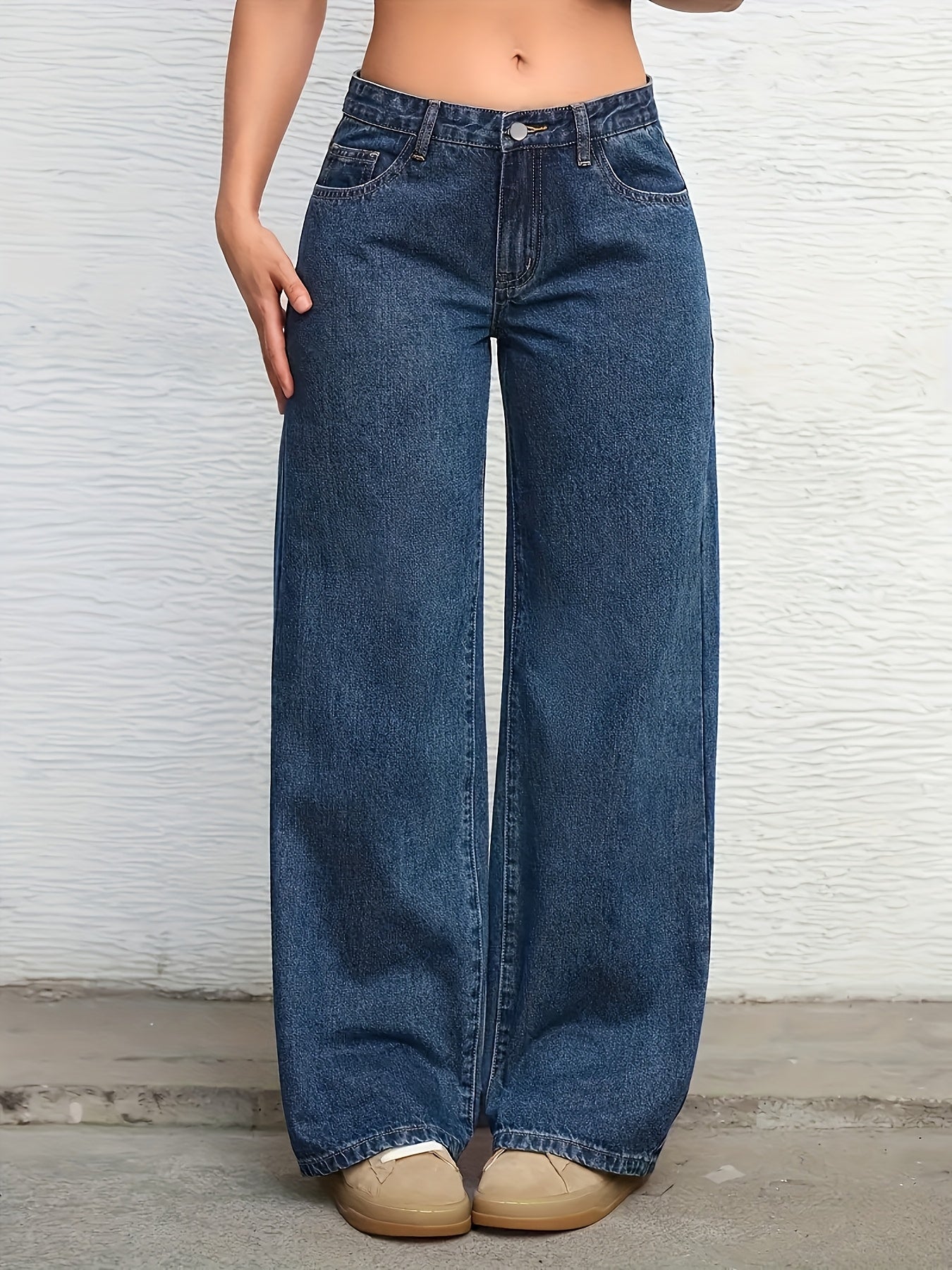 Effortless Relaxed Blue Wide Leg Jeans for Women with Low Rise Flowing Style