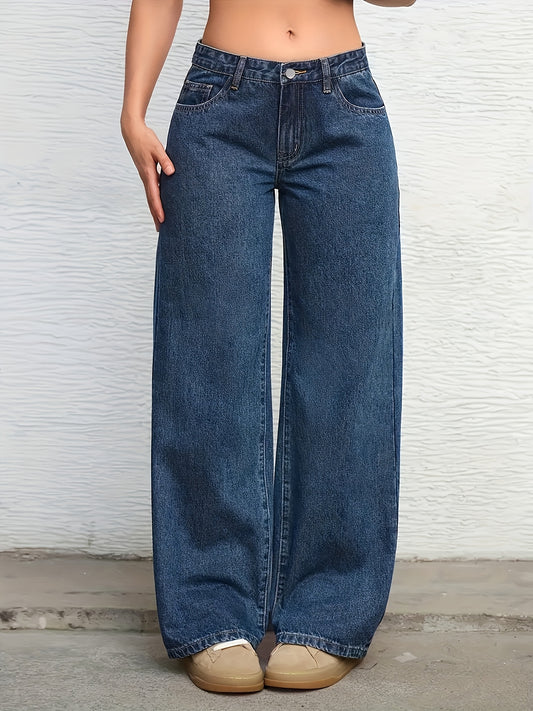 Effortless Relaxed Blue Wide Leg Jeans for Women with Low Rise Flowing Style