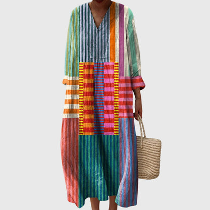 Effortless Printed Linen Maxi Dress for Women with V Neck Long Sleeve Relaxed Oversized Flowing Style