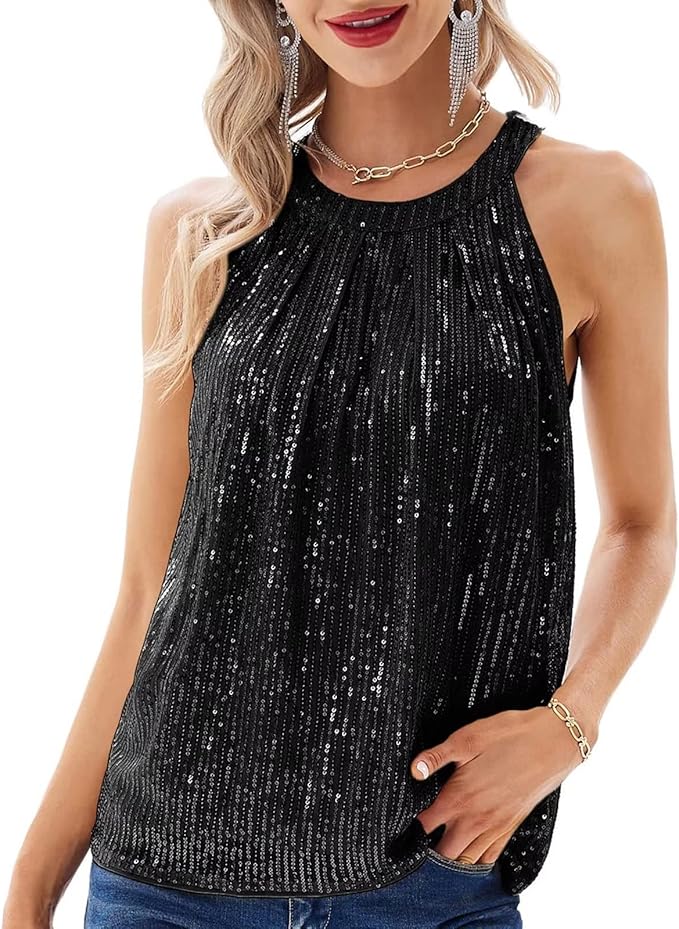 Elegant Black Sequin Halter Top for Women with Keyhole Back Sleeveless Sparkle Formal Party Style