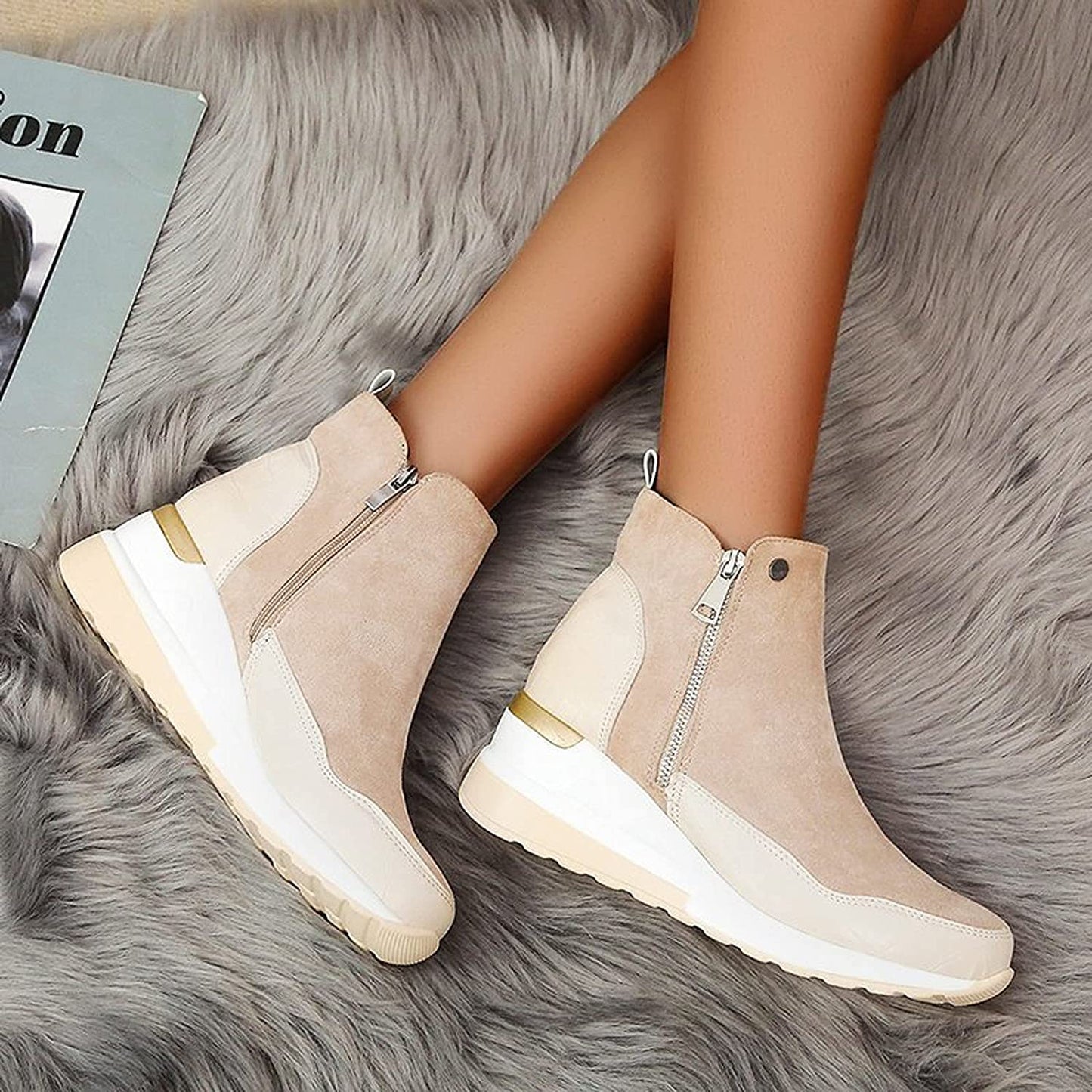 Stylish Brown Boots for Women with Zip Ankle Round Toe Wedge Style