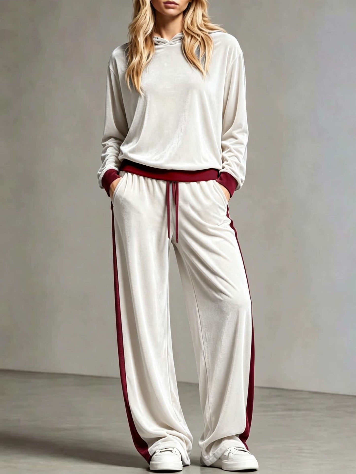 Cozy Velvet Colorblock Sweatsuit for Women with Hooded Long Sleeve Wide Leg Drawstring Two Piece Style