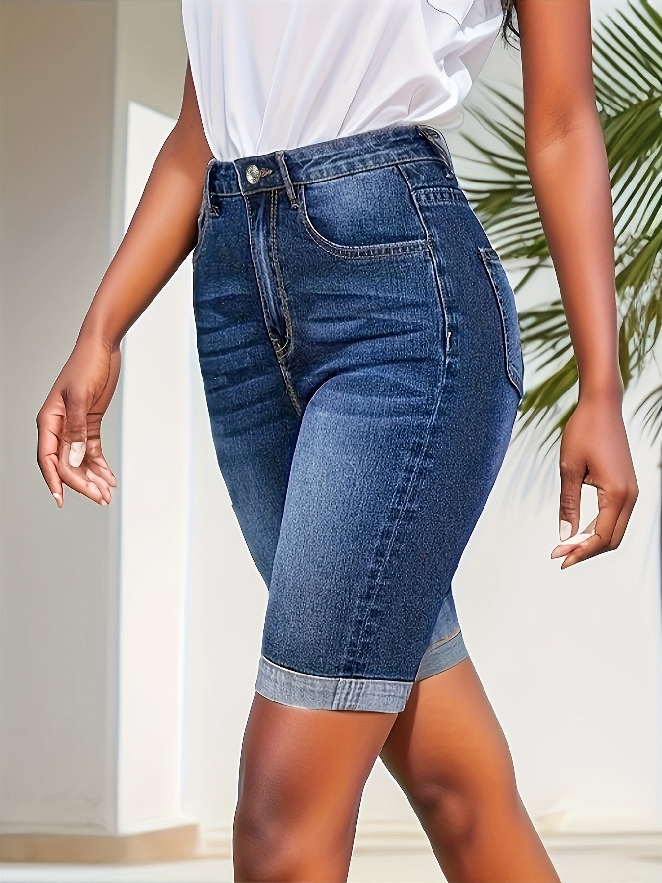 Stylish Blue Denim Shorts for Women with High Waist Rolled Cuff Bermuda Slim Fit Casual Style