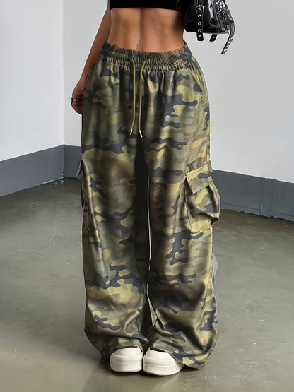 Effortless Camo Pants for Women with High Waist Drawstring Cargo Pocket Wide Leg Relaxed Style