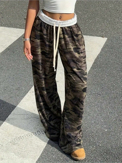 Effortless Army Green Camo Pants for Women with High Waist Drawstring Wide Leg Relaxed Casual Style