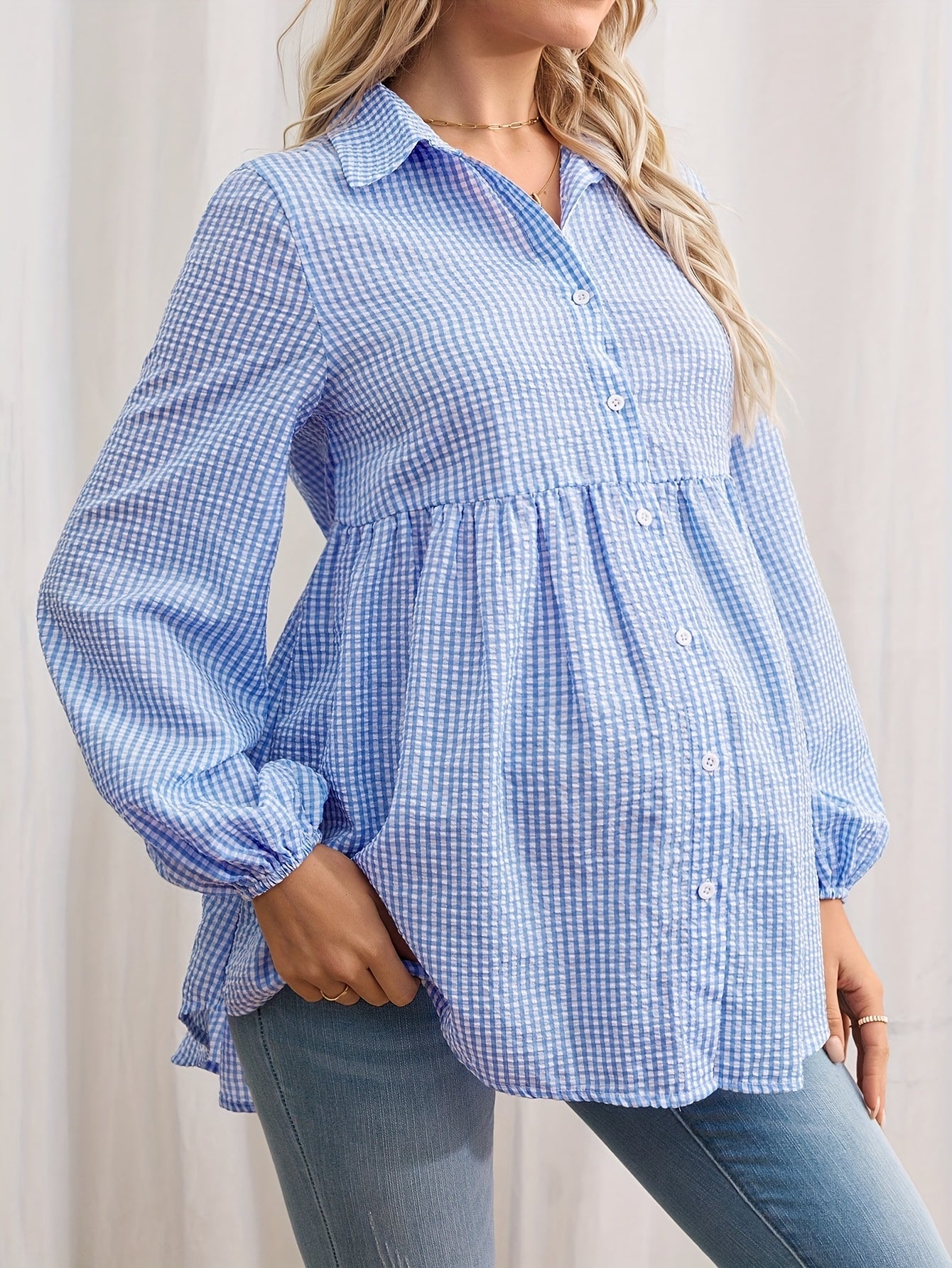 Effortless Gingham Maternity Blouse for Women with Collar Long Sleeve Button Front Babydoll Style