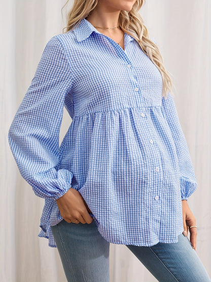 Effortless Gingham Maternity Blouse for Women with Collar Long Sleeve Button Front Babydoll Style