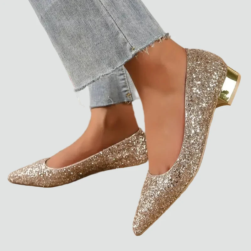 Elegant Glitter Kitten Heels for Women with Pointed Toe Low Block Heel Pump Style