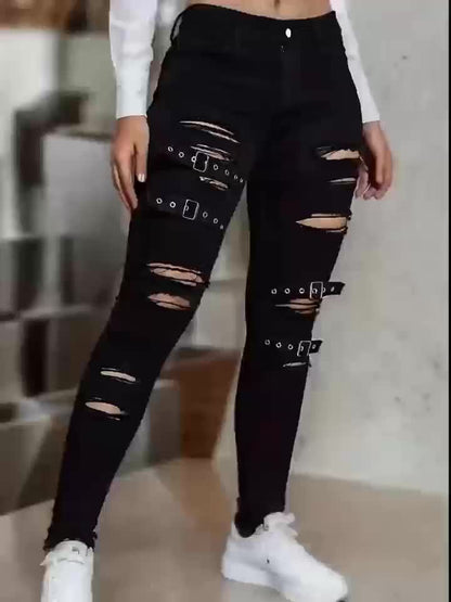 Stylish Black Distressed Flare Jeans for Women with Buckle Strap Ripped Relaxed Style