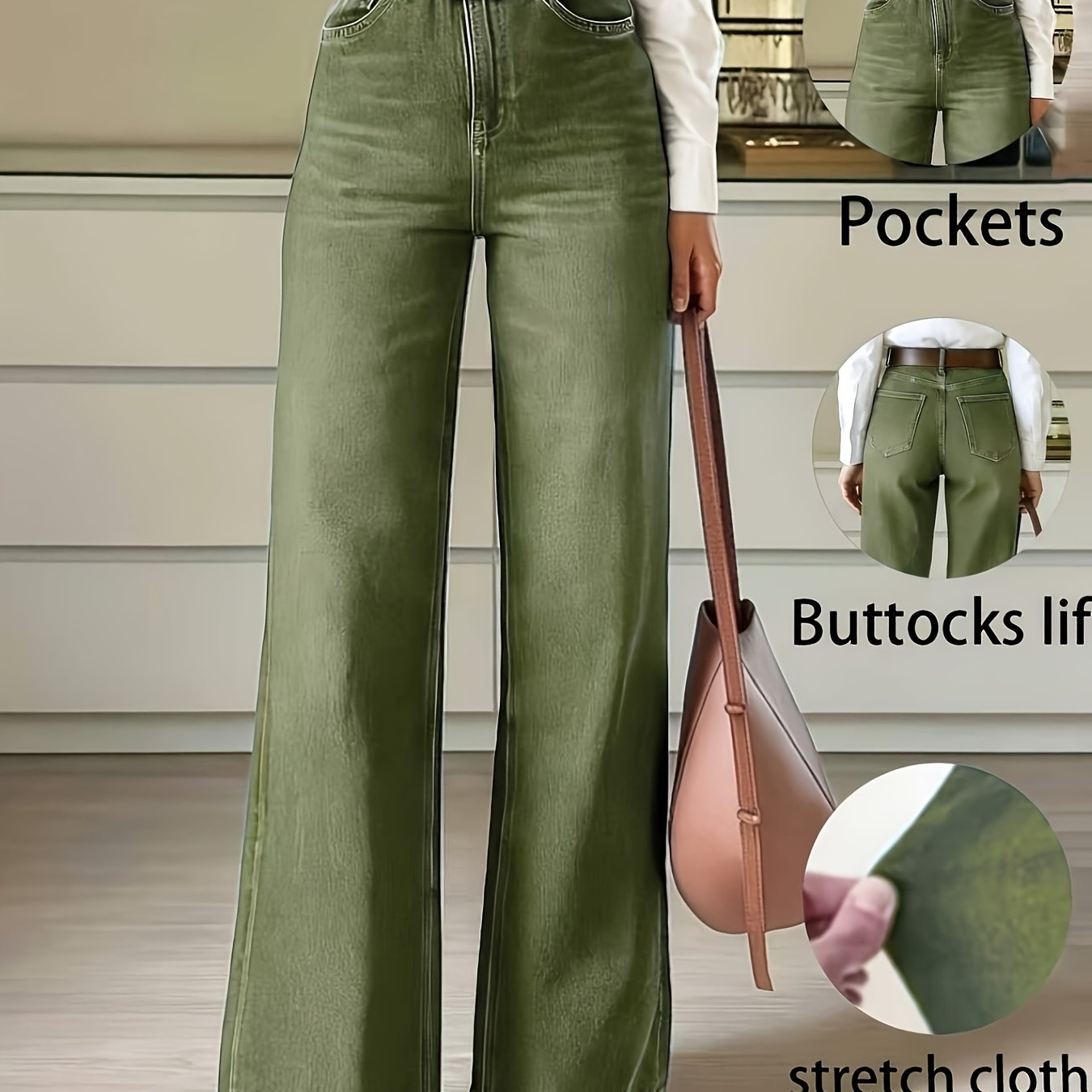 Effortless Fern Green Flare Jeans for Women with High Waist Stretch Wide Leg Style