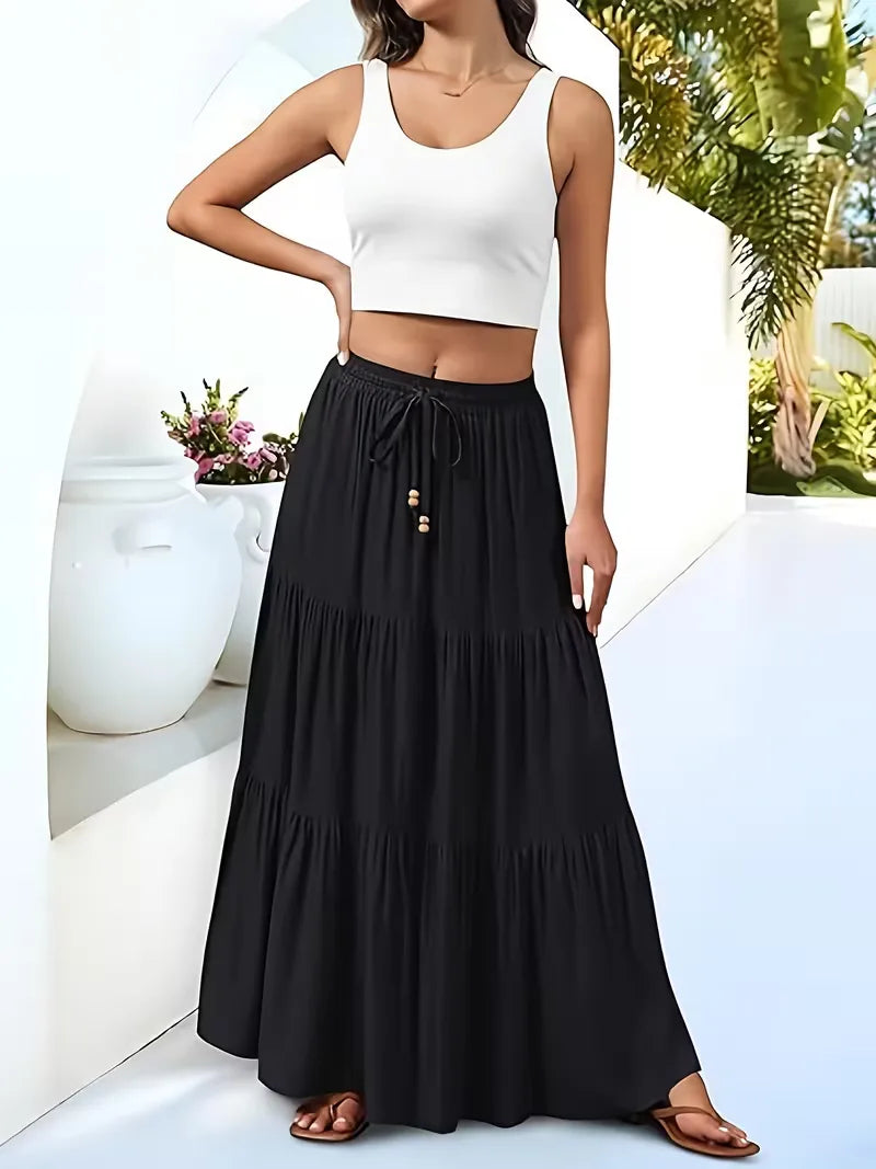 Effortless Tiered Maxi Skirt for Women with Drawstring Waist Ruffle Flowing Bohemian Style