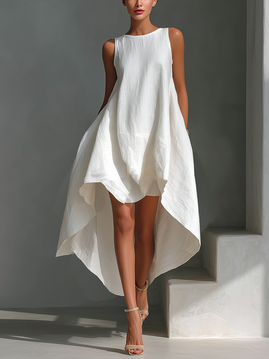 Effortless Linen Midi Dress for Women with Round Neck Asymmetric Hem Sleeveless Flowing Casual Summer Style
