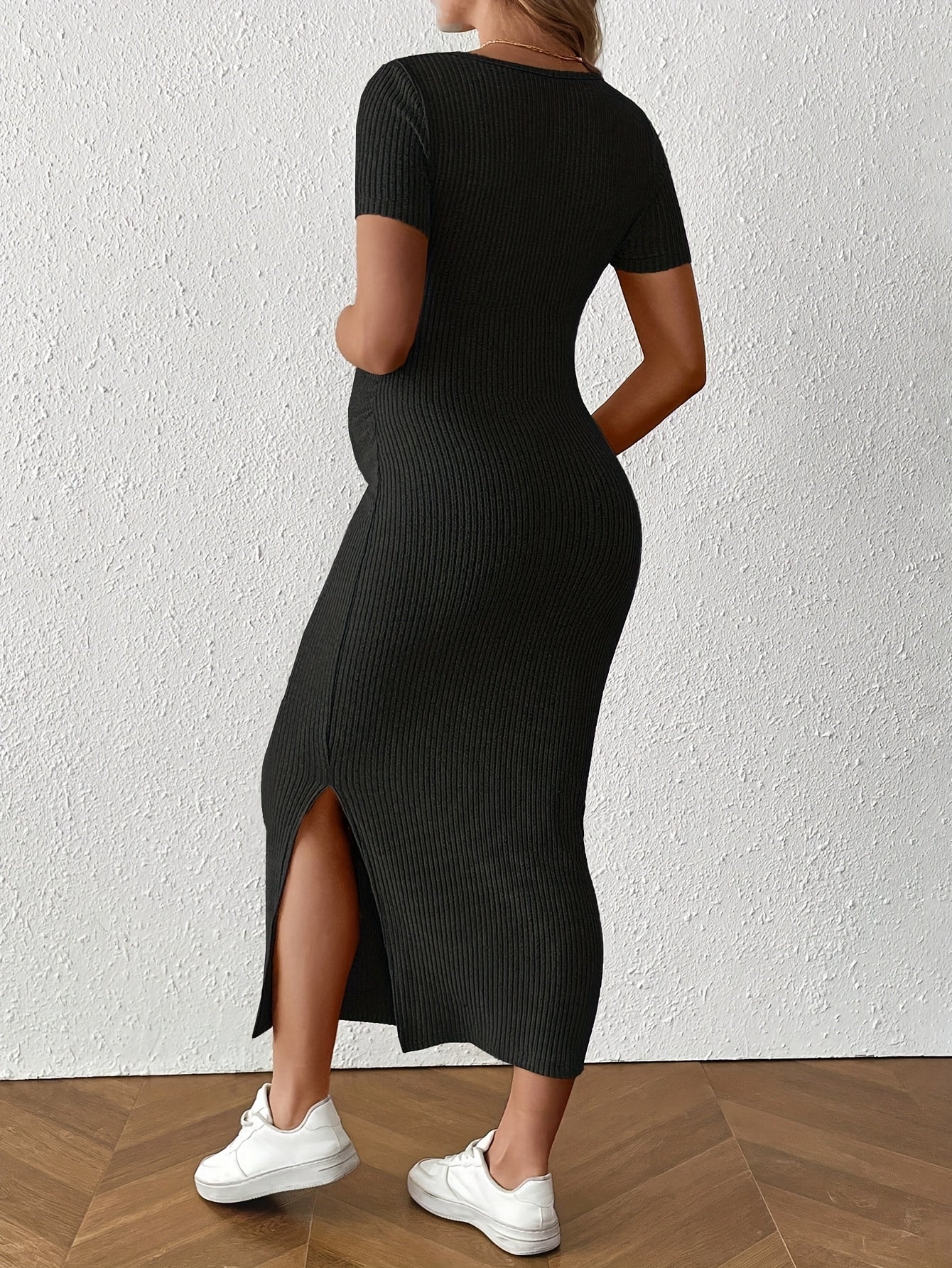 Comfortable Ribbed Knit Maternity Maxi Dress for Women with Square Neck Short Sleeve Bodycon Side Slit Style
