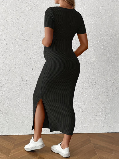Comfortable Ribbed Knit Maternity Maxi Dress for Women with Square Neck Short Sleeve Bodycon Side Slit Style