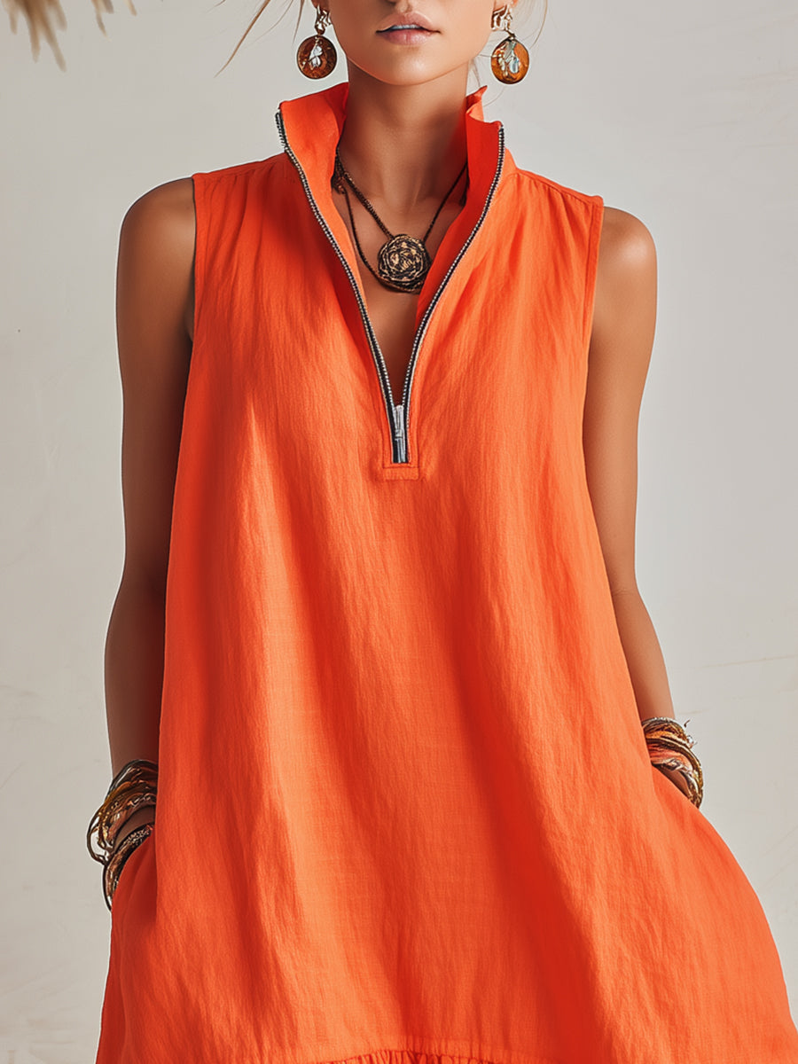 Effortless Linen Mini Dress for Women with Zip Collar Sleeveless Ruffle Hem Flowing Style