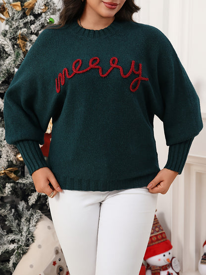 Cozy Green Merry Letter Christmas Tacky Sweater for Women with Crew Neck Long Sleeve Knit Pullover Holiday Style