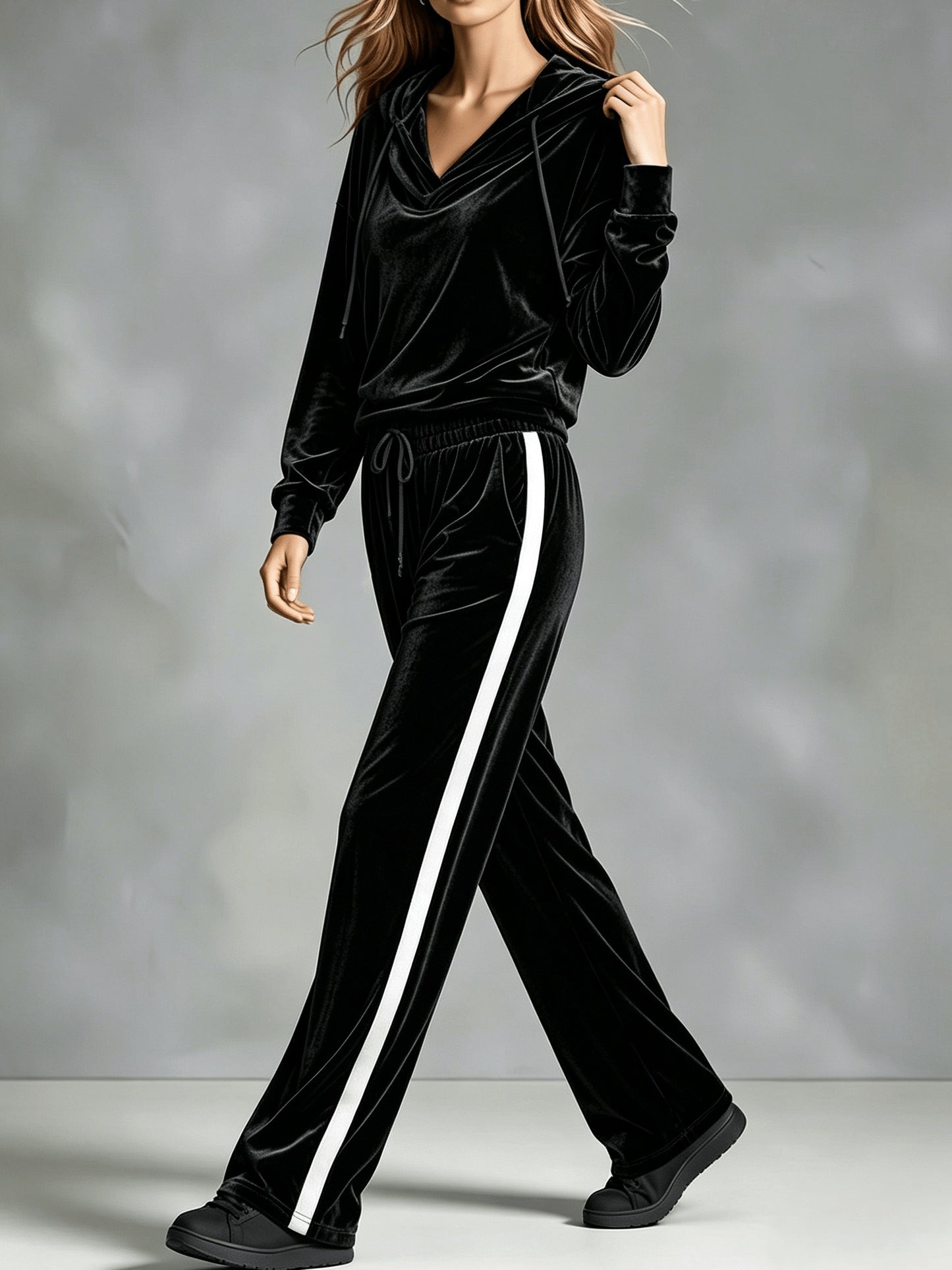 Cozy Velvet Sweatsuit for Women with Cowl Neck Long Sleeve Drawstring Side Stripe Relaxed Style