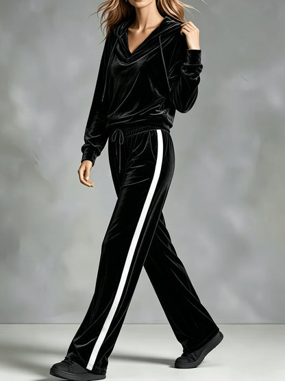 Cozy Velvet Sweatsuit for Women with Cowl Neck Long Sleeve Drawstring Side Stripe Relaxed Style