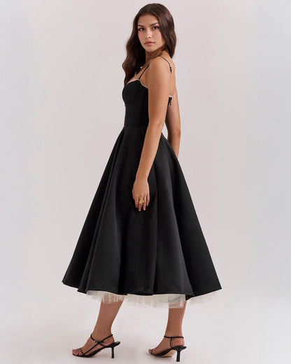 Elegant Bustier Midi Dress for Women with Sweetheart Neckline Spaghetti Strap Tulle Hem Flowing Style