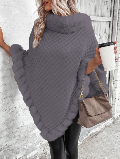 Comfortable Faux Fur Trim Poncho for Women with Turtleneck Batwing Sleeve Asymmetric Oversized Knit Style