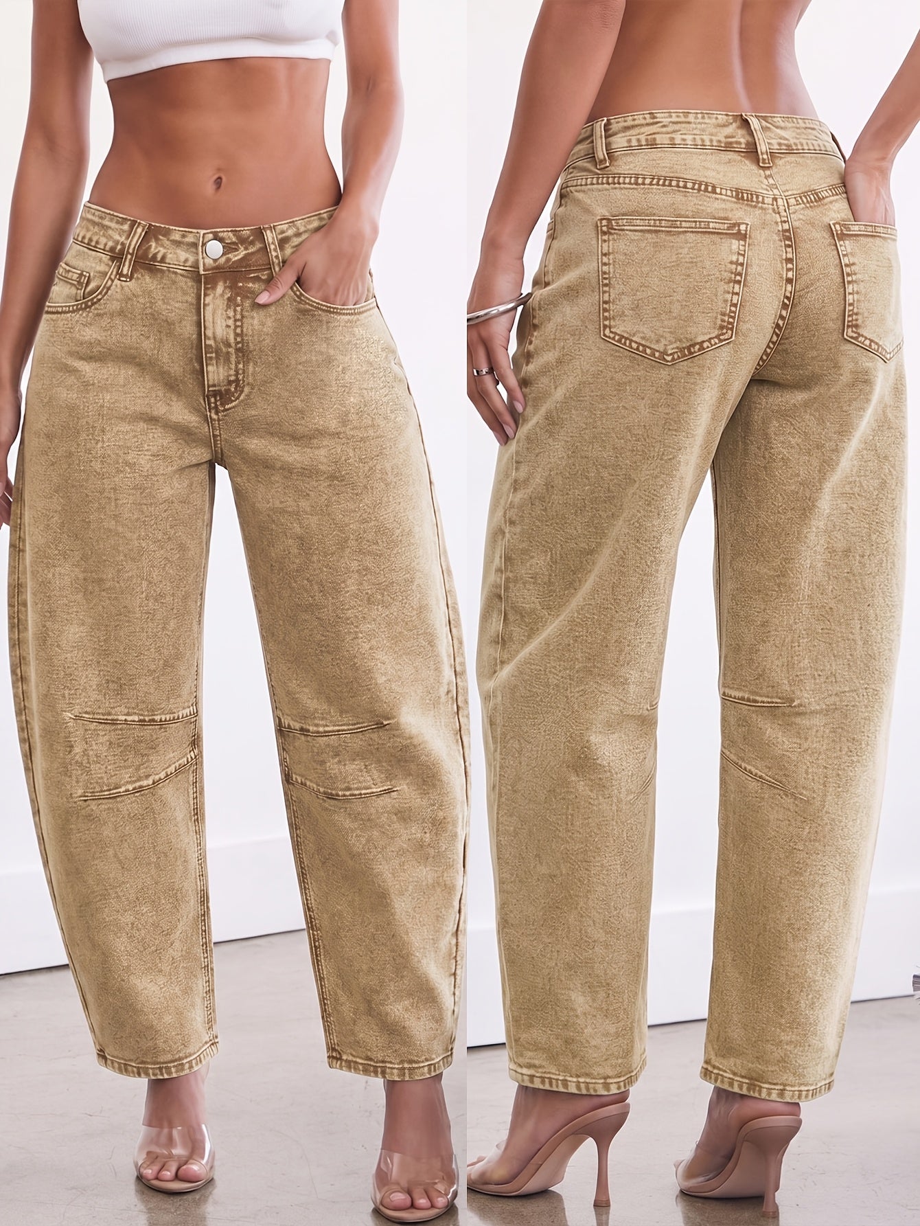 Effortless Relaxed Khaki Barrel Jeans for Women with High Waist Curved Leg