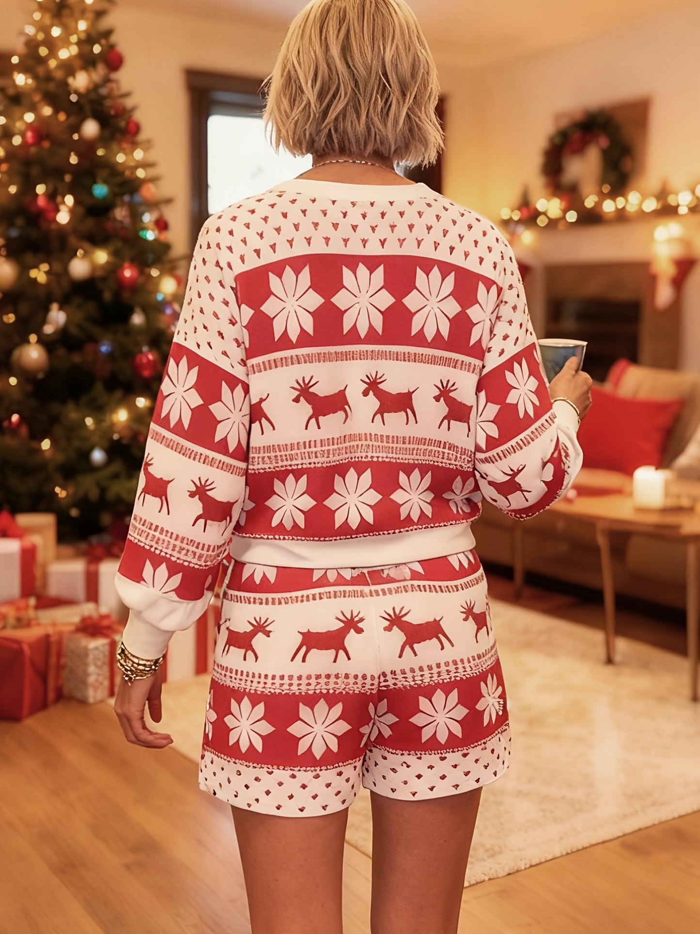 Cozy Red White Snowflake Christmas Holiday Pajamas for Women with Round Neck Long Sleeve Reindeer Two Piece Style