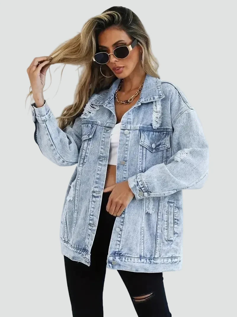 Effortless Light Blue Denim Jacket for Women with Spread Collar Long Sleeve Distressed Oversized Style