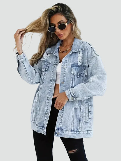 Effortless Light Blue Denim Jacket for Women with Spread Collar Long Sleeve Distressed Oversized Style