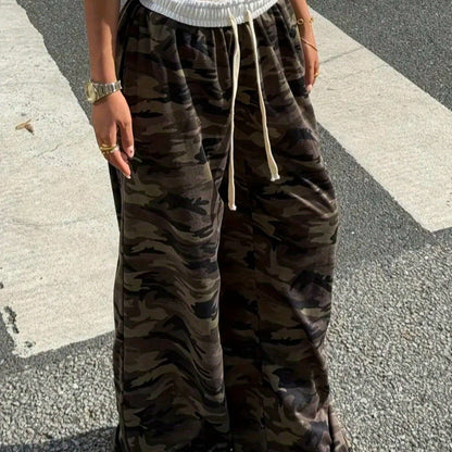 Effortless Army Green Camo Pants for Women with High Waist Drawstring Wide Leg Relaxed Casual Style