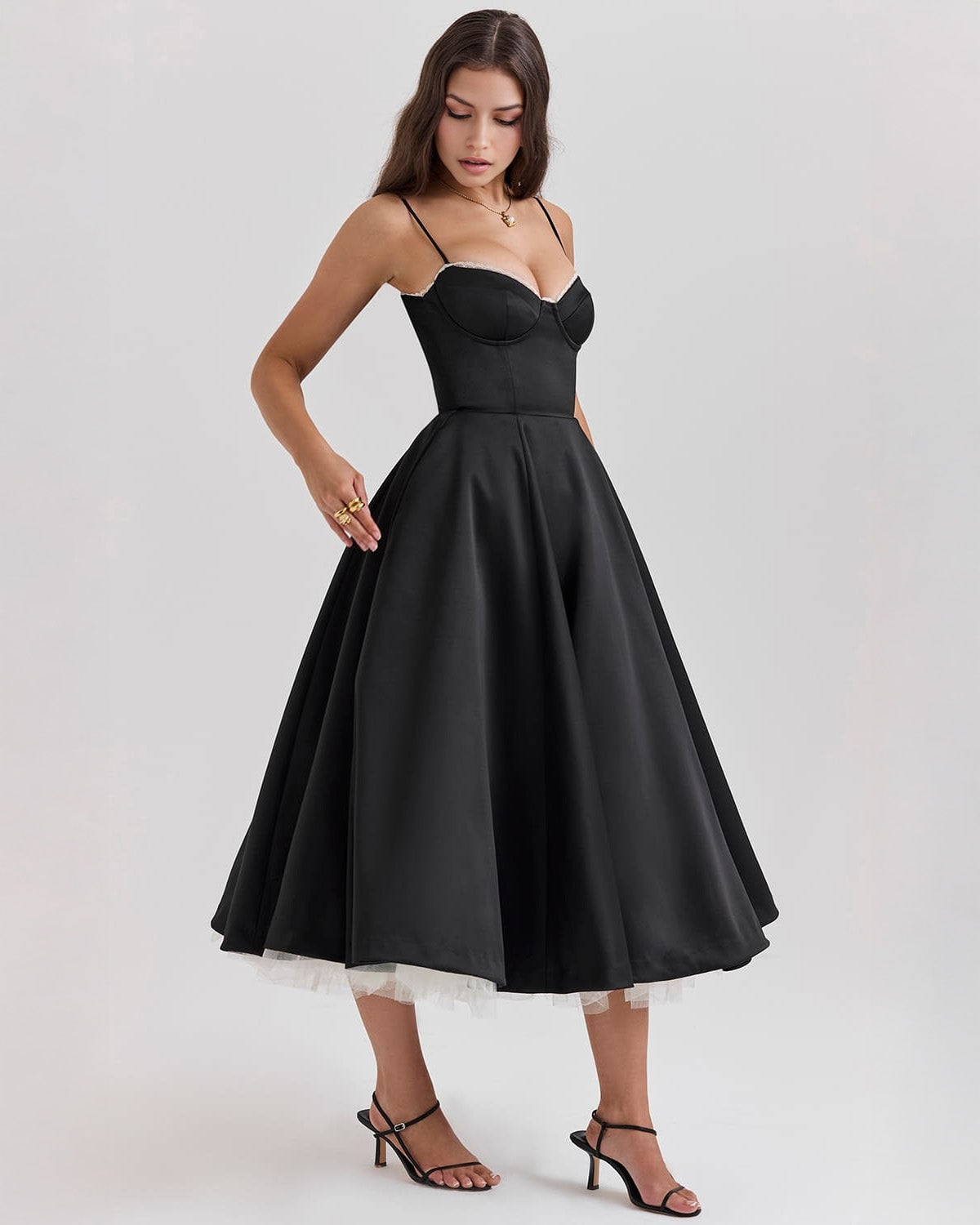 Elegant Bustier Midi Dress for Women with Sweetheart Neckline Spaghetti Strap Tulle Hem Flowing Style