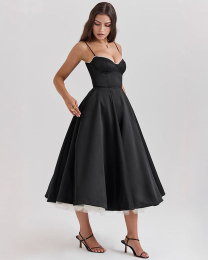 Elegant Bustier Midi Dress for Women with Sweetheart Neckline Spaghetti Strap Tulle Hem Flowing Style