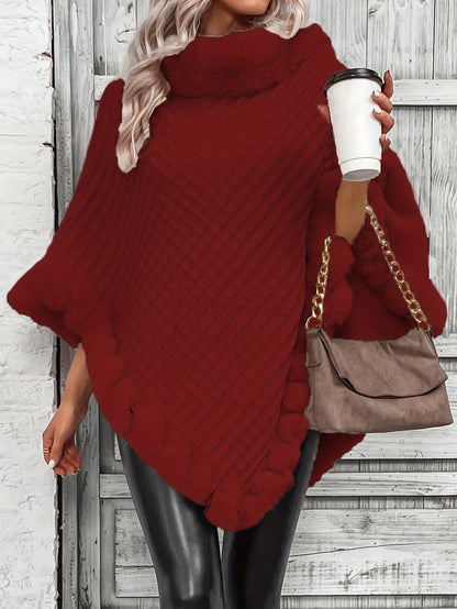 Comfortable Faux Fur Trim Poncho for Women with Turtleneck Batwing Sleeve Asymmetric Oversized Knit Style