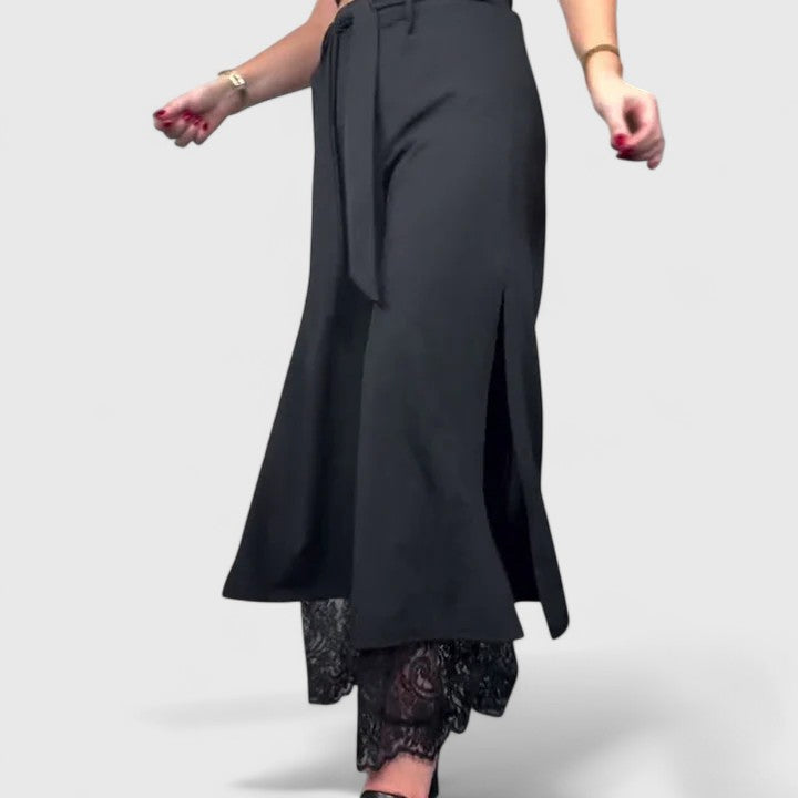 Elegant Black Wide Leg Pants for Women with High Waist Lace Trim Belted Slit Flowing Style