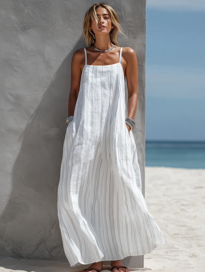 Effortless White Dresses for Women with Spaghetti Strap Square Neck Striped Linen Loose Casual Maxi Style